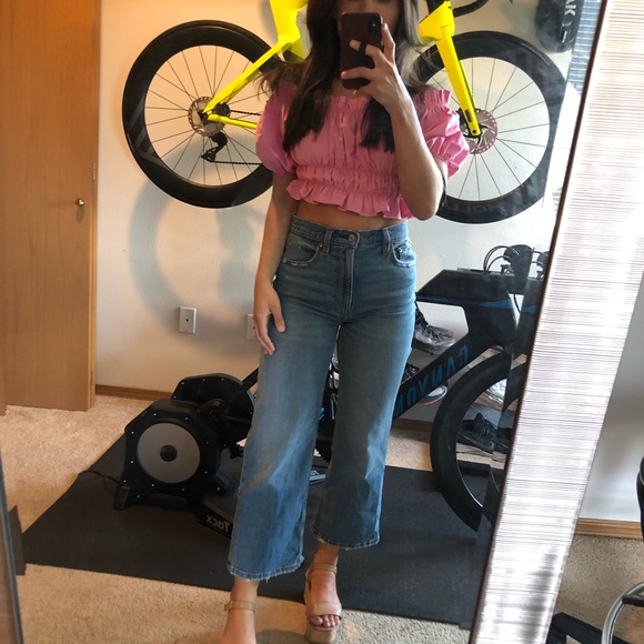 Puff sleeve ruched pink off shoulder crop top Sz S - Picture 5 of 7